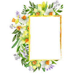 Watercolor Yellow flower Frame,  Narcissus Rectangle gold frame isolated on white, Bright hand painted illustration, Elegant watercolor spring frame, For Wedding design, invitation, greeting card