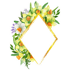 Watercolor Yellow flower Frame,  Narcissus rhombus gold frame isolated on white, Bright hand painted illustration, Elegant watercolor spring frame, For Wedding design, invitation, greeting card