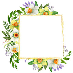 Watercolor Yellow flower Frame,  Narcissus Square gold frame isolated on white, Bright hand painted illustration, Elegant watercolor spring frame, For Wedding design, invitation, greeting card