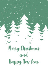Simple minimalistic Christmas card. Christmas greeting card with fir trees, snowflakes, Christmas decorations, winter forest. Vector New Year card template with calligraphy.