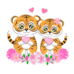 Tiger symbol of the year couples in love with an illustration of a heart shape greeting card for Valentine's Day cartoon print on textiles for gift wrapping on a postcard vector illustration