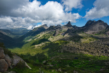 Russia. Krasnoyarsk Territory, Eastern Sayans. The view from the Taigish Pass to the Valley of Dreams is the main attraction of the Ergaki Natural Mountain Park.