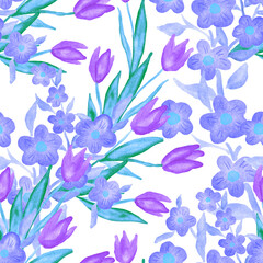 Fototapeta na wymiar Watercolor seamless pattern with spring floral bouquets. Vintage botanical illustration. Elegant decoration for any kind of a design. Fashion print with colorful abstract flowers. Watercolor texture. 
