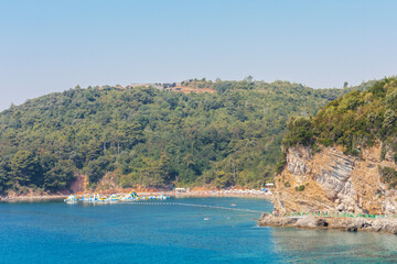 view from the sea, budva coast montenegro, adriatic sea and balkan mountains