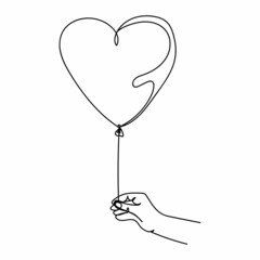 Continuous one simple single line drawing of hand holding heart balloon icon in silhouette on a white background. Linear stylized.