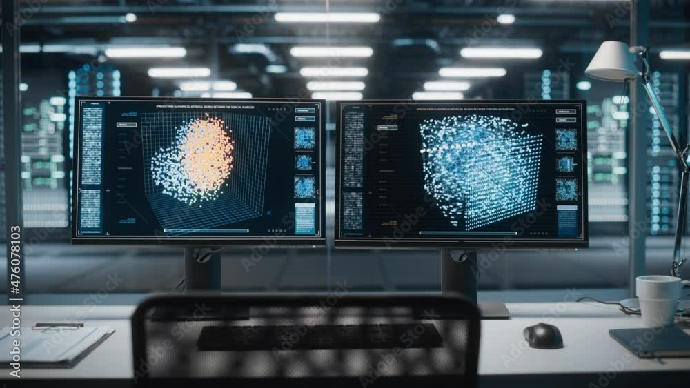 Aufkleber High-Tech Big Data Center Server with Two Screens Showing Advanced Neural Network, Machine Learning, AI Analysis on Computer Monitors. Concept of Web Services, Cloud Computing, Cyber Security
