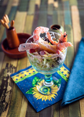 Shrimp Cocktail. refreshing seafood salad served in a glass for a fine dinning or christmas celebration
