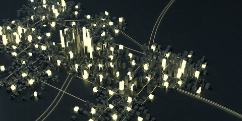 Aerial View of Schematic city metropolis at night with Illuminated Buildings. Modern Business City Concept