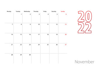 Calendar for November 2022 in modern design, planner template.