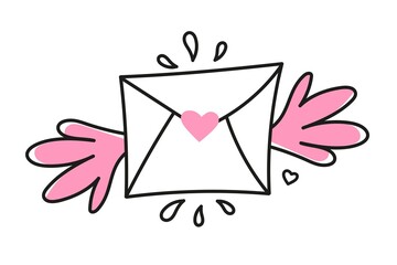 Vector element envelope for Valentines Day. Hand-drawn love symbols in a linear style. Isolated on a white background.