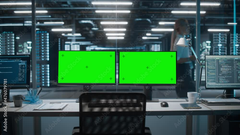 Leinwandbilder High-Tech Data Center Server with Two Green Screen Chroma Key Display Showing on Personal Computer Standing on a Desk. Concept of Modern Monitoring Web Services, Cloud Computing, Cyber Security
