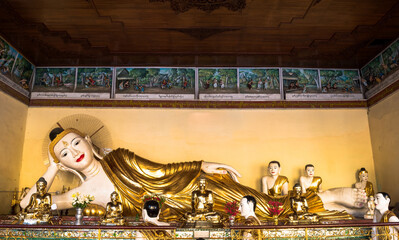 Yangon, Myanmar, November 2017 - view of a buddha statue at Shwedagon Pagoda 