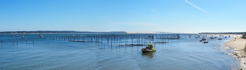 Panoramic view of the dune du Pilat and the oyster beds of Lége-Cap Ferret on the Arcachon basin,...