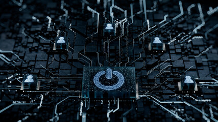 Activate Technology Concept with power symbol on a Microchip. White Neon Data flows between Users and the CPU across a Futuristic Motherboard. 3D render.