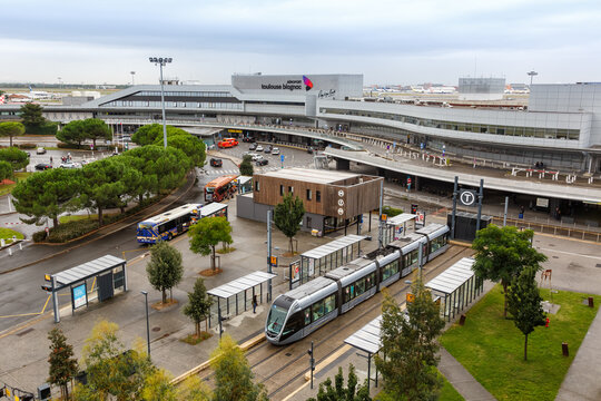Modern light rail tram model Alstom Citadis public transport transit at Blagnac airport in Toulouse, France