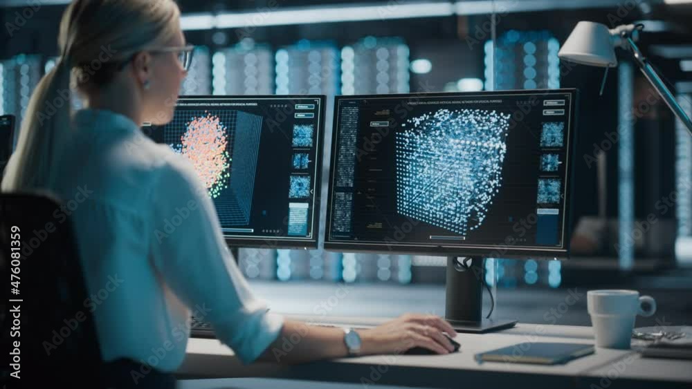 Aufkleber High-Tech Data Center Server Control: IT Specialist Administrator Working on Computer, Screen Showing Advancing Big Data AI Analysis. Web Services, Cloud Computing, Analytics Facility, Cyber Security
