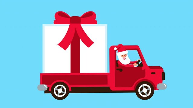 Santa Truck with Christmas gift in the back. Cartoon Truck carrying large gift box with red bow. Looped animation with alpha channel.