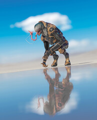 master alien in the desert after rain with reflection on the water