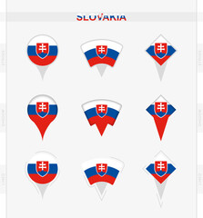Slovakia flag, set of location pin icons of Slovakia flag.