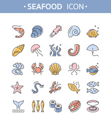 Seafood line icons. Vector set of colorful fish and seafood elements with oyster, seaweed, crab, lobster, octopus, jellyfish, starfish, shrimp. Outline icon collection for web, logo, restaurant menu