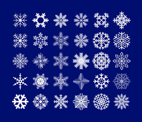 White snowflakes on a dark blue background. A set of snowflakes for every taste. Christmas stickers in the form of snowflakes. Desktop wallpaper.