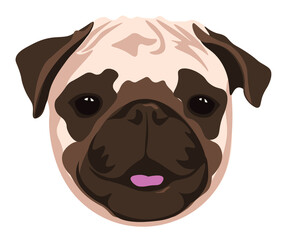Pug head. Cartoon hero puppy. The dog with his tongue sticking out is smiling. Color drawing is isolated on a white background.