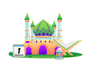 Obraz premium Illustration mosque with calendar, lantern and al quran design