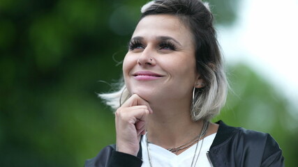 Fototapeta premium Woman thinking deeply about solution, person wondering remembering problem