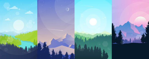 Abstract landscape natural set. Banners set with polygonal mountains landscape illustrations. Minimalistic style. Flat design. Travel concept of discovering, exploring, observing nature. Hiking.