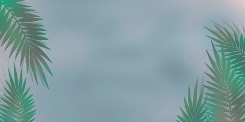 Fondo banner con motivos de naturaleza, hojas y palmera en tonos verdes, rosas y morados sobre fondo azul. Recurso gráfico con espacio para texto