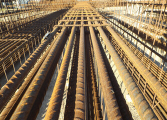 Irons on a construction site in the sun.
Rusty metal rods for reinforced concrete under sunlight.
Construction material for metal structures.