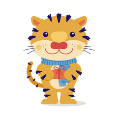 A cute cartoon tiger holding a gift.