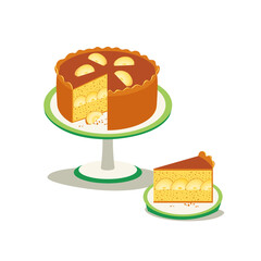 Apple cake homemade dessert vector icon. Fruit tart on stand, apple pie slice on plate cartoon design element. Sweet dessert food background illustration. Fruit cake pie holiday event recipe template