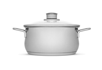 Stainless steel cooking pot with glass lid on white background, including clipping path. Modern kitchen utensils with thick bottom for electric, infrared, induction or gas stoves
