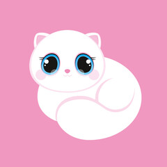 lying cute white cat with a fluffy tail on a pink background