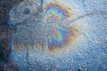 Eco concept, Oil spill on asphalt road