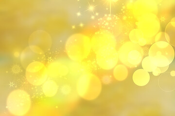 Obraz premium A festive abstract delicate Happy New Year or Christmas background texture with colorful gold yellow pink blurred bokeh lights and stars. Space for design. Card concept or advertising.