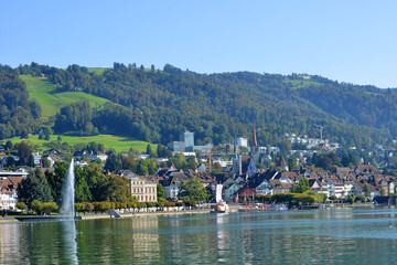 Fototapeta na wymiar Zug, Switzerland 09-30-2016 town view over the Lake Zug