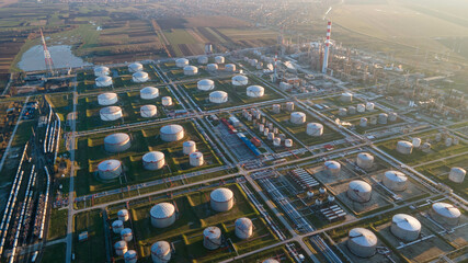 Aerial shot over a oil refinery industrial area. High quality photo