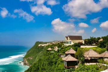 Bali seascape with huge waves at beautiful hidden white sand beach