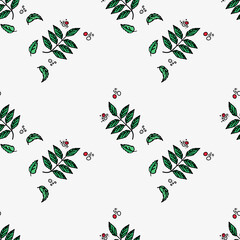 Christmas botanical seamless pattern, rowan branches, leaves, red berries are drawn by hand on white background. Vector illustration in botanical style.