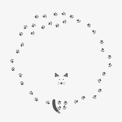 Round decorative frame made of cat footprints, silhouette of white cat, grey tail and sly muzzle. Vector illustration hand-drawn, in white and gray colors, for the design of cat lovers.