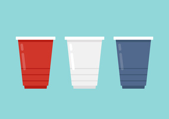 Party cup isolated on red background, vector illustration. Red, White and Blue beer cup vector. Beer pong.
