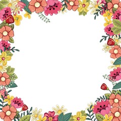 Beautiful square frame with various plants in pastel colors. Hand-drawn. Vector illustration