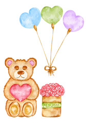 Watercolor Valentine Day Teddy  Bear illustration with red rosses,heart and ballons. Hand draw baby birthday design