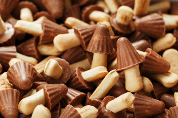 Dessert background Chocolate mushrooms cookies as texture.