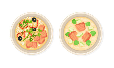 Top view of seafood dishes set. Soup with salmon slices, rice and vegetables served on plates vector illustration