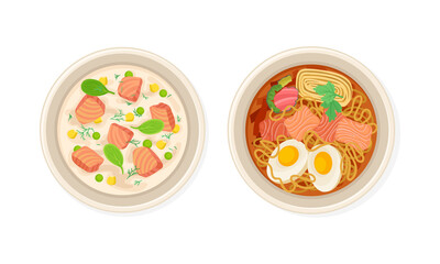 Top view of seafood dishes set. Soup with salmon slices, corn and noodles served on plates vector illustration