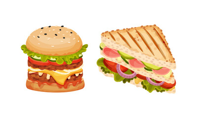 Sandwiches set. Burger and toasted wheaten bread with various ingredients vector illustration