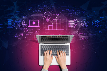 Content marketing concept with person using a laptop computer - obrazy, fototapety, plakaty